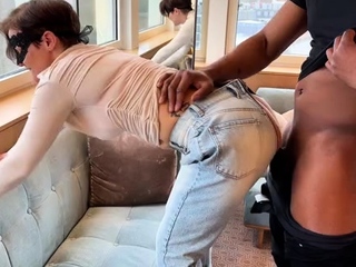 Hotwife white milf rides thick black cock while her cuckold watches with amazement.