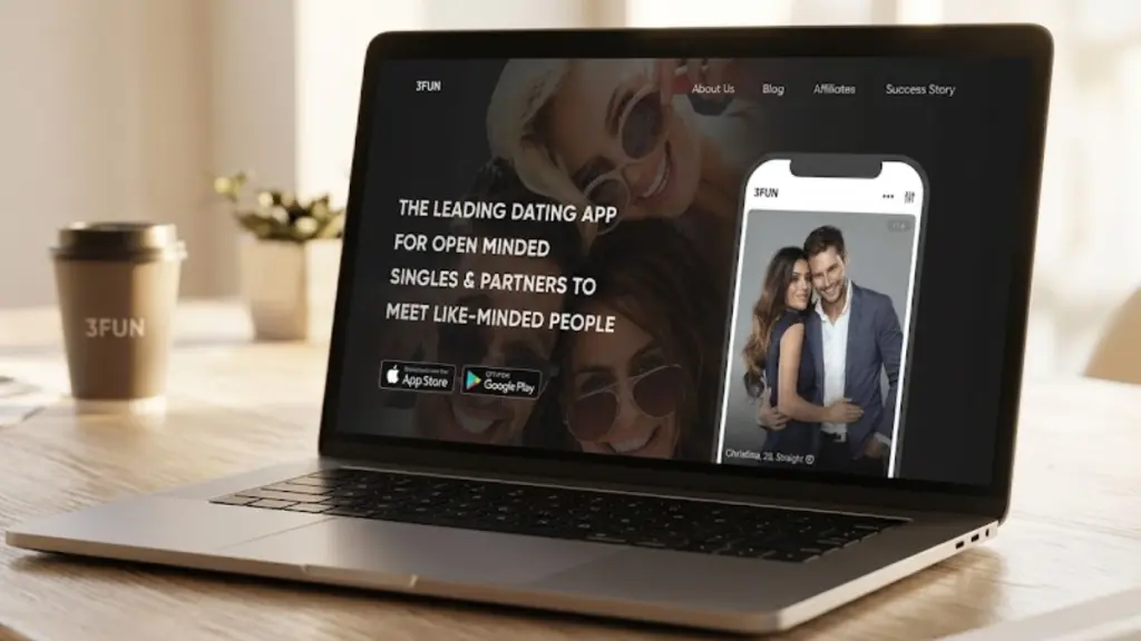 Laptop displaying 3FUN dating app website, one of the best swinger apps,  on wooden table.