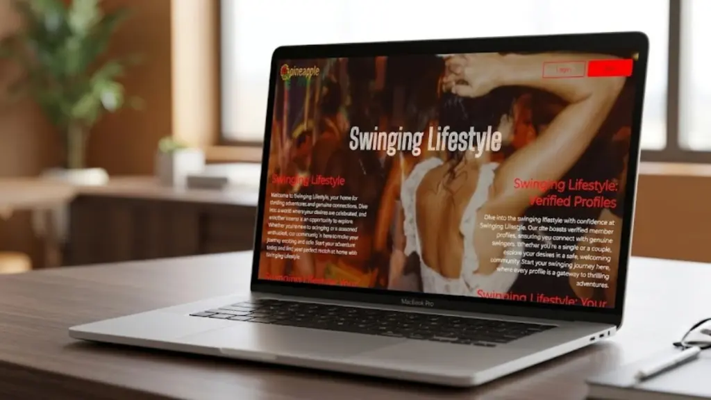 MacBook Pro displaying the Swinging Lifestyle website on a desk.