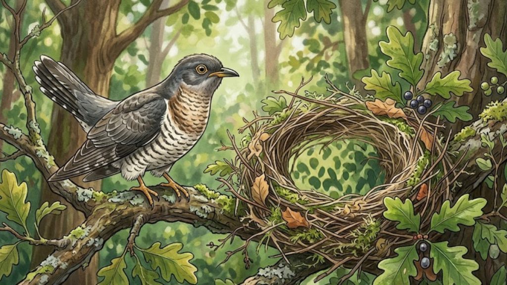 cuckoo bird beside a nest with mismatched eggs