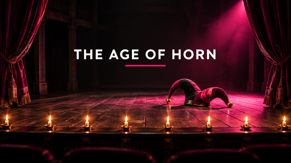 Empty Renaissance theater stage lit by candle footlights with a horned jester's cap on the boards, representing cuckold horns jokes in Shakespeare-era England.