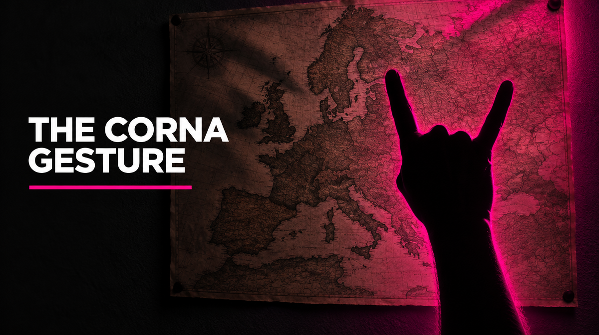 Silhouetted hand making the corna horns gesture against a vintage map of Europe, showing how the cuckold horns sign carries different meanings across countries.