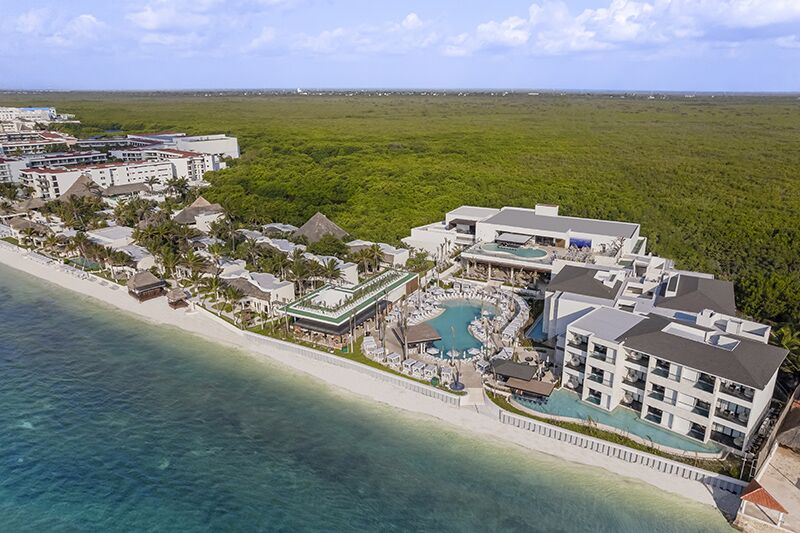 Aerial view of Desire Riviera Maya Resort on the Puerto Morelos coast, the couples-only lifestyle resort between jungle and the Caribbean